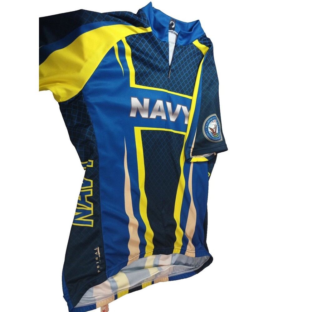 Primal US Navy Cycling Jersey Men's Large Full Zip Blue Yellow Bicycle Shirt